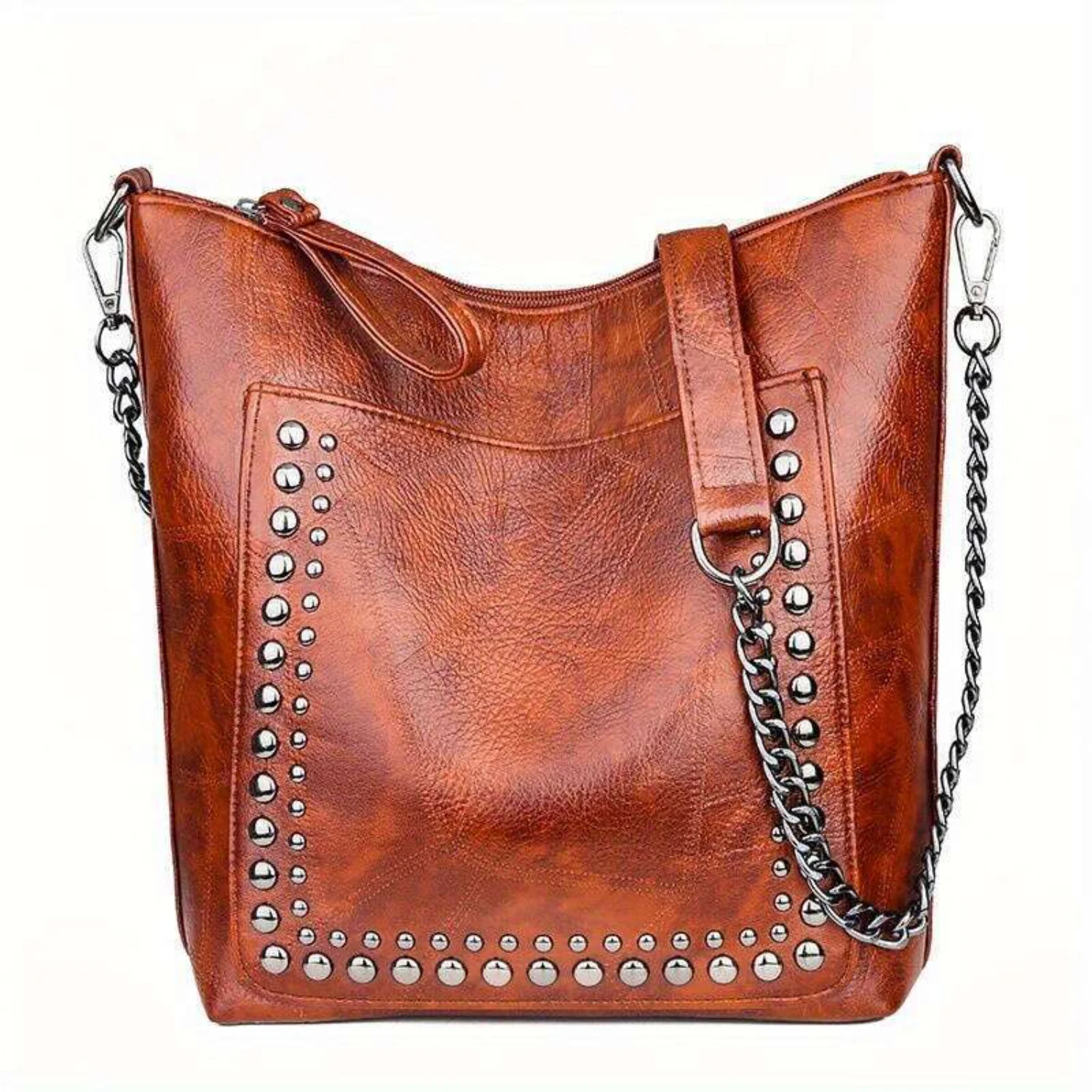 Classic Chain Shoulder Bag with Rivets Decoration, Vintage Textured Handbag Perfect for Women