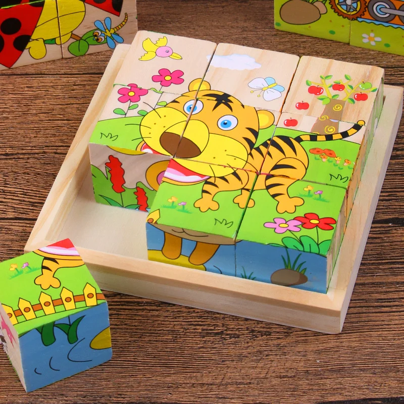 Baby Wooden Blocks Toys Cartoon Animal Six Side Cube Jigsaw Puzzles Game Montessori Educational Toys for Children Gifts