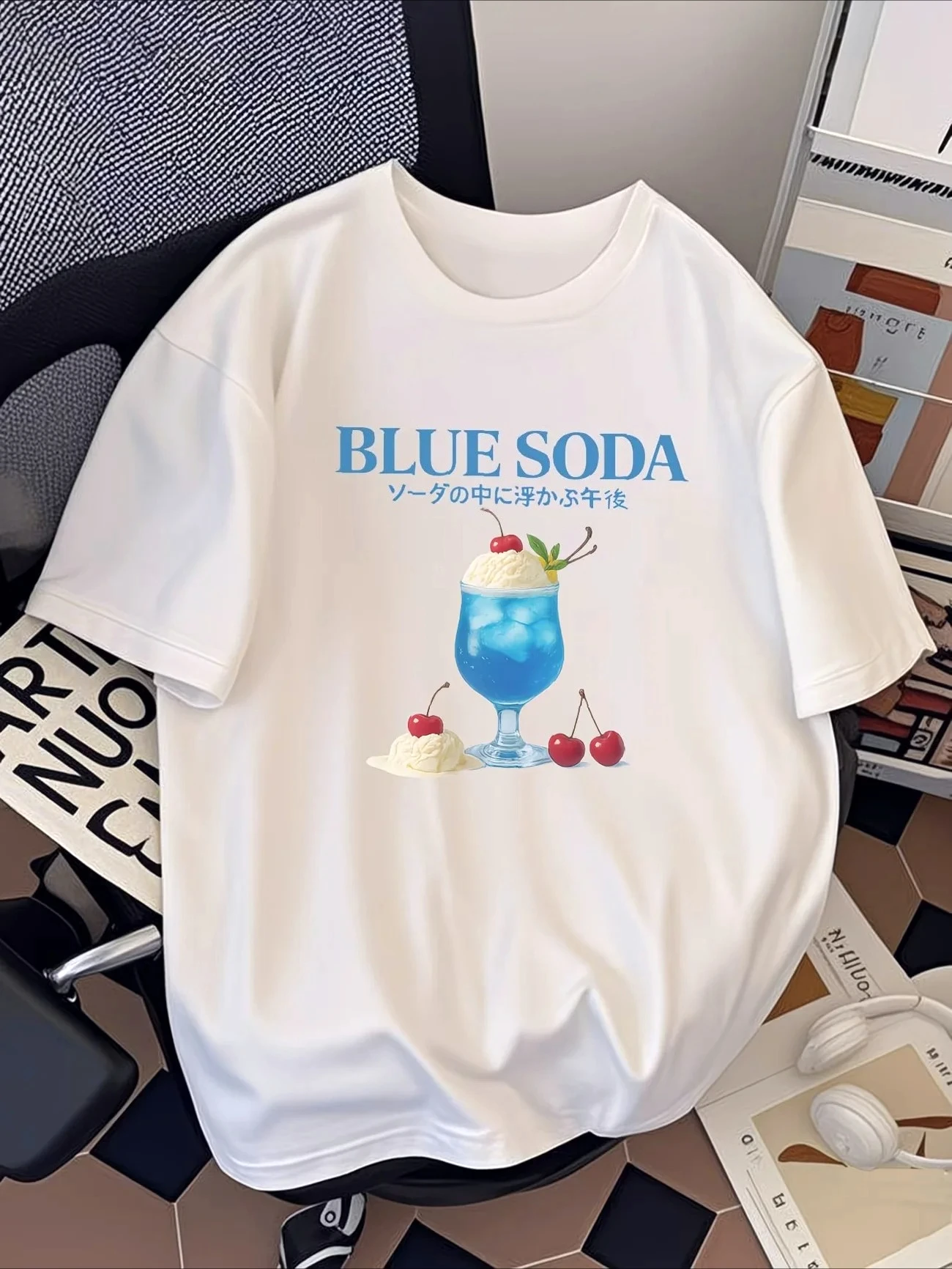 Y2k Blue Soda Ice Cream Graphic T-Shirt Japanese Letter Print Women Kawaii Summer Short Sleeve Loose Tops Casual Streetwear Tees