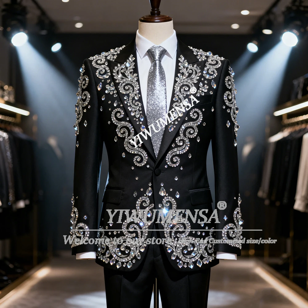 

Sliver Beaded Stones Suits Men For Wedding Single Breasted Groom Prom Blazers Customized 2 Piece Set Man Business Party Outfits