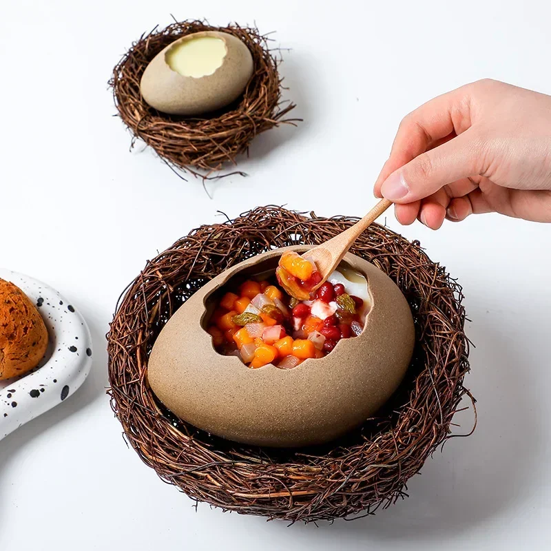 Creative Dessert Bowl Noodle Bowl Hydroponic Egg Shell Ostrich Vase Cute With Nest Home Decoration Modern Simple Ceramic Craft