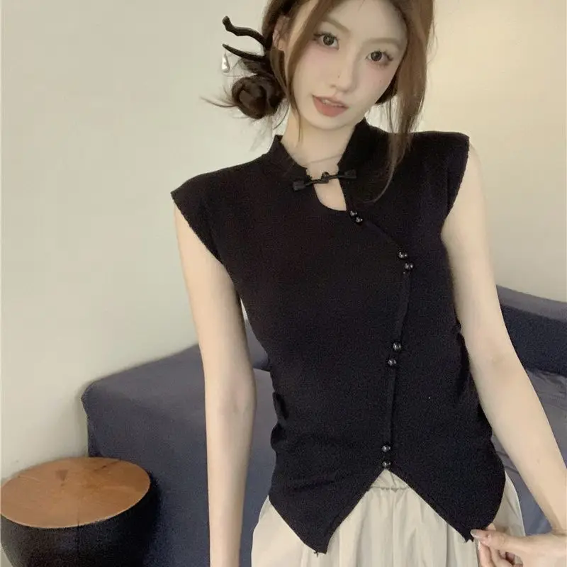 2024 Summer New Slim Fit and Retro Knit Women's Short Sleeved Temperament Elegant Fashion-forward Sleeveless Chinese Style Top