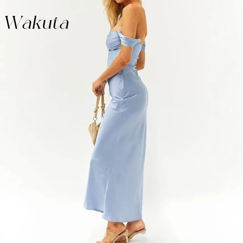 Wakuta Sexy Sheath One Shoulder Light Luxury Simulation Silk Cocktail Robe Pure Color Slim Engagement Bridesmaid Group Hip Dress