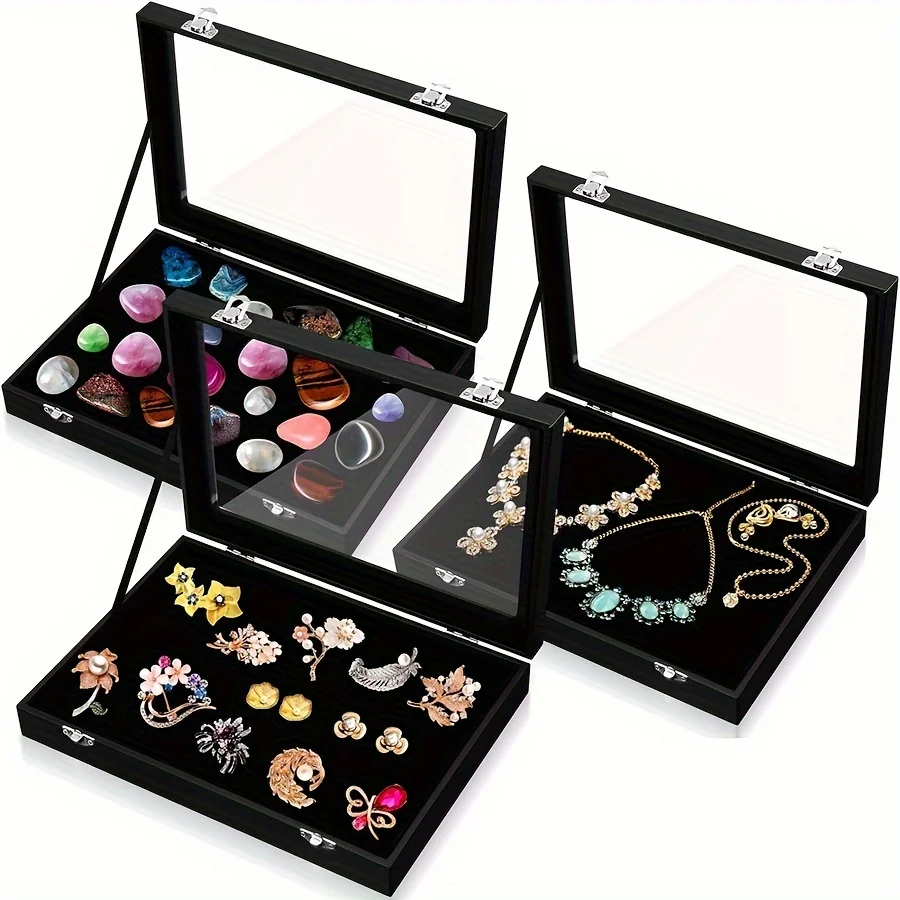 

Vintage-Style Jewelry Display Case With Glass Lid - Multipurpose Storage Box For Rings, Bracelets, Necklaces, Brooches & More