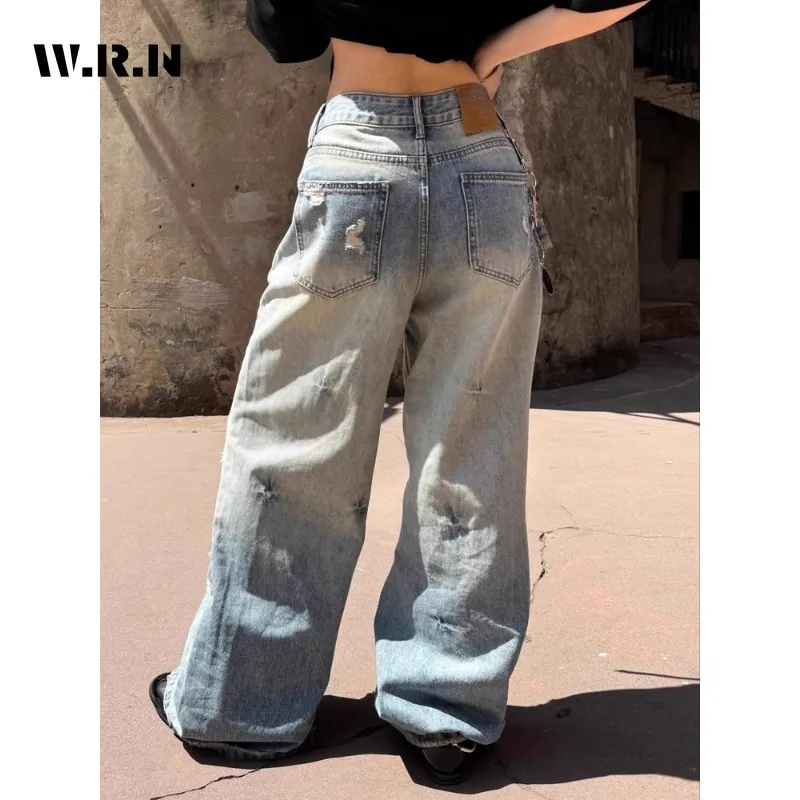 Harajuku Ripped ขากว้างหลวม Fit กางเกงยีนส์ Emo ถังขยะสีฟ้า Baggy กางเกงผู้หญิง Vintage Kpop Y2K ความเสียหายหลวม Mop Denim กางเกง