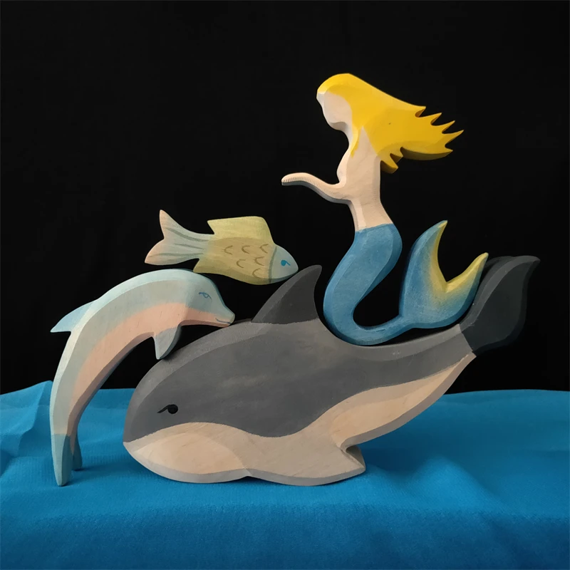 Figure di animali in legno giocattoli per l'apprendimento di animali marini giocattoli per bambini balena pesce sirena figura cognizione giocattoli educativi precoci per bambini