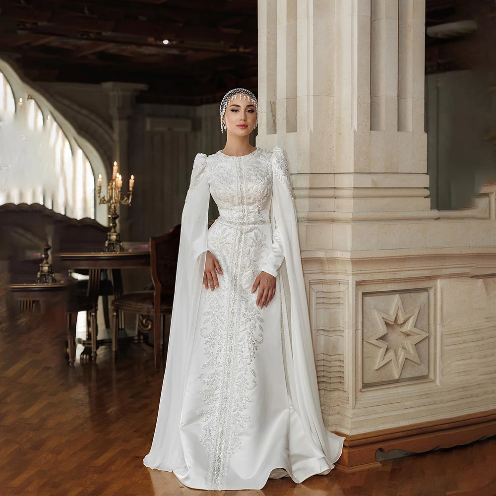 

Luxury Weddings Dresses O-Neck Long Floating Sleeve Muslim Brides Dress Mermaid Beading Bridal Gown Customized vestidos de novia