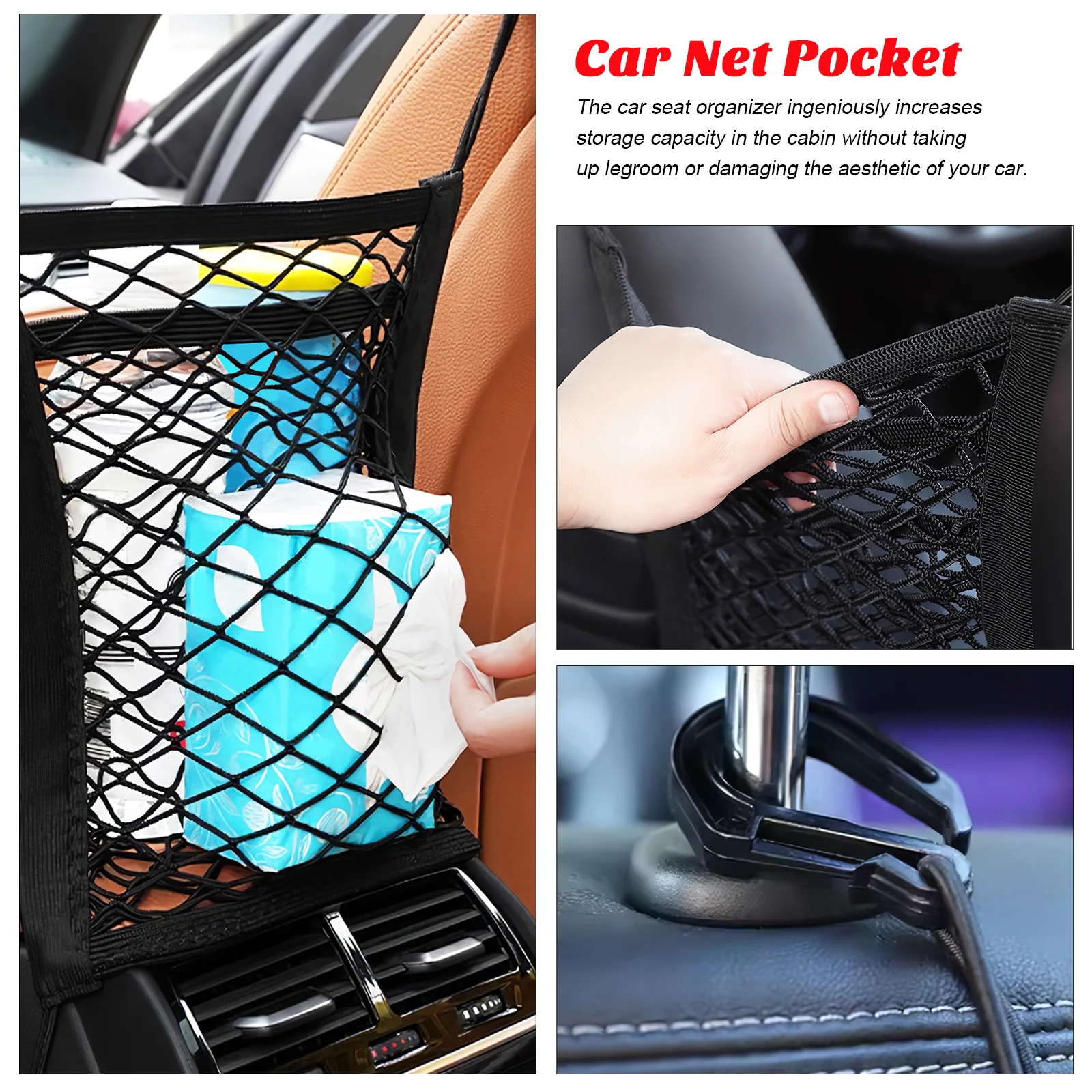 

Car Seat Organizer Storage Net Black Polyester Adjustable Stretchy Pet Barrier Between Front Seats Easy Install Tissue