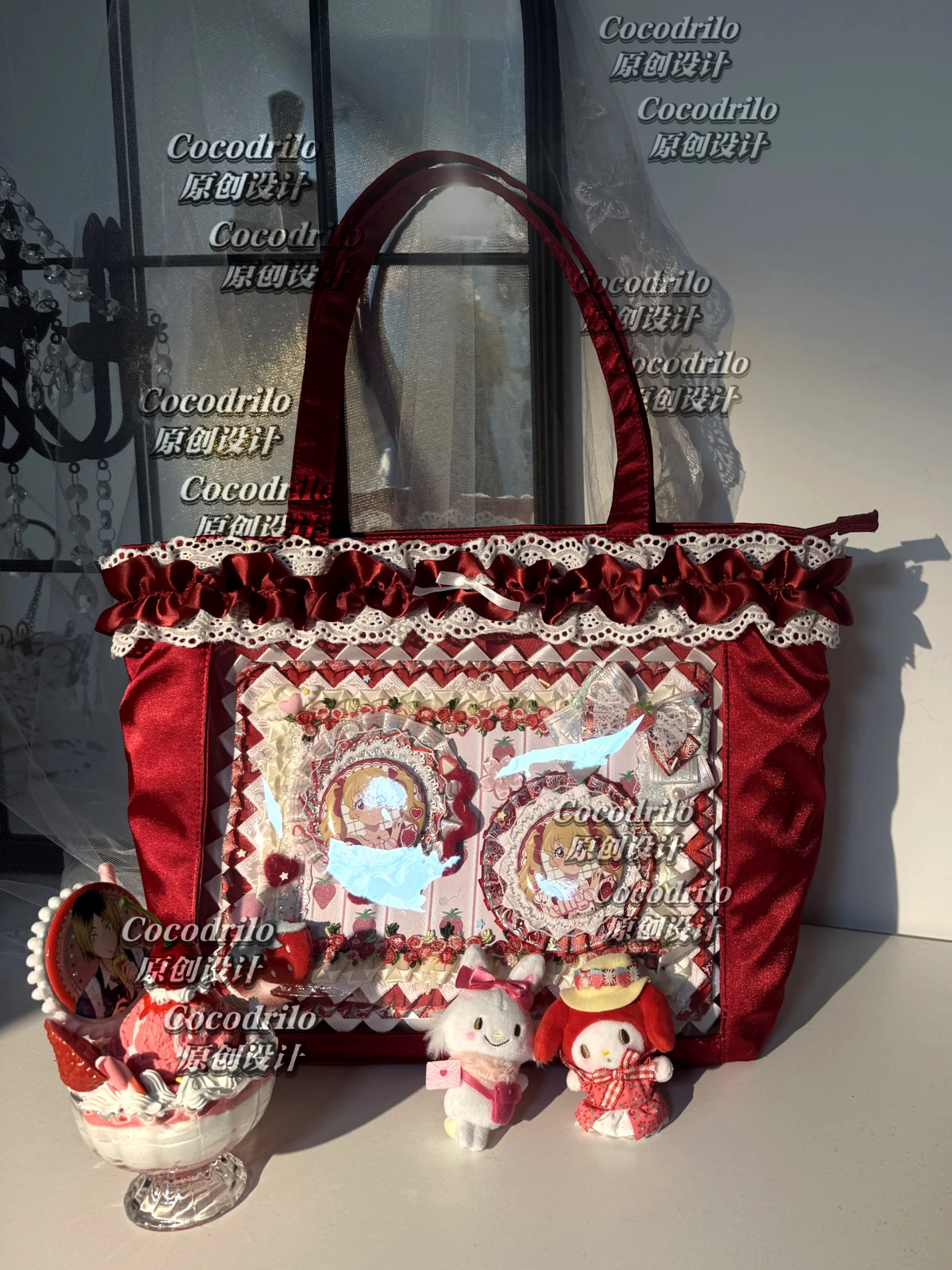 

Japanese Fashion Versatile Women's Bags Lace Frilly Bow Lolita Tote Bags Pain Window Pain Bag Daily Large Capacity Shoulder Bag