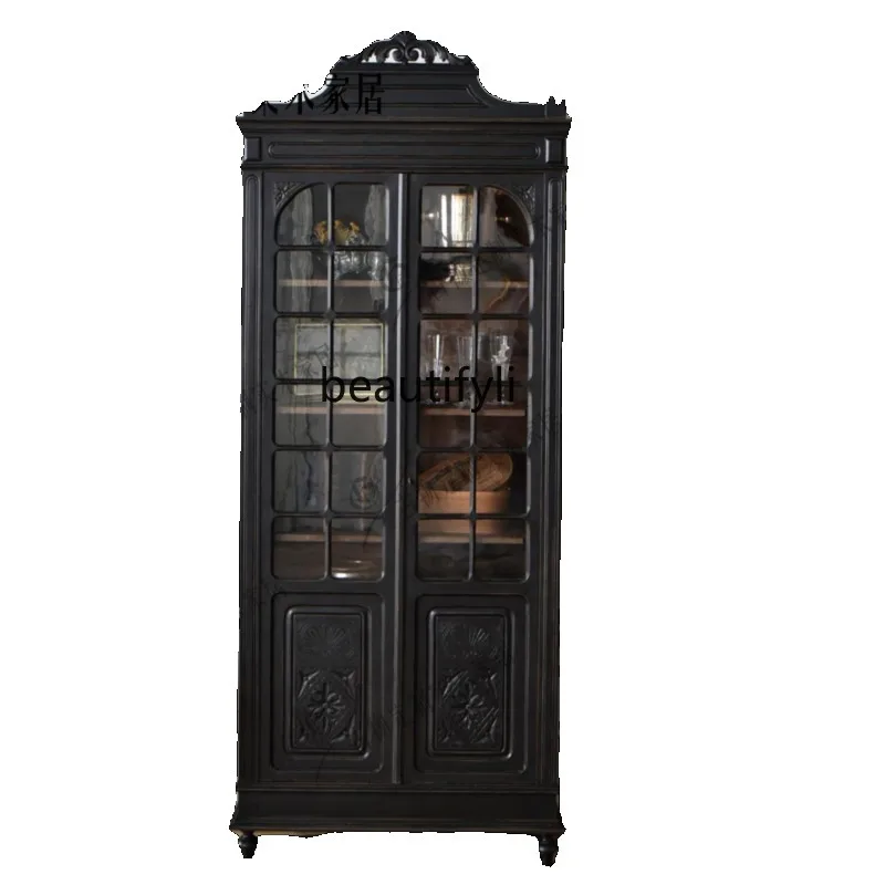 

neoclassical carved wine cabinet/retro solid wood bookcase/large-capacity storage display cabinet/customizable