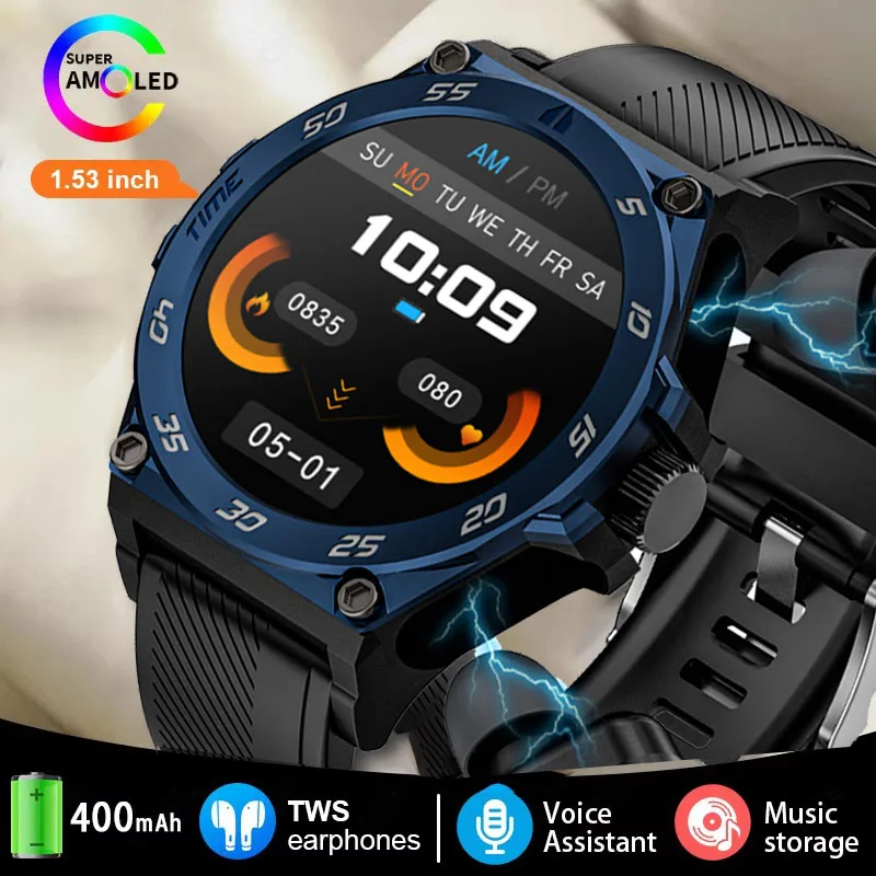

Встроенные беспроводные Bluetooth-наушники Smartwatch TWS Наушники 2 в 1, мужские AMOLED HD-экраны, водонепроницаемые умные часы с наушниками