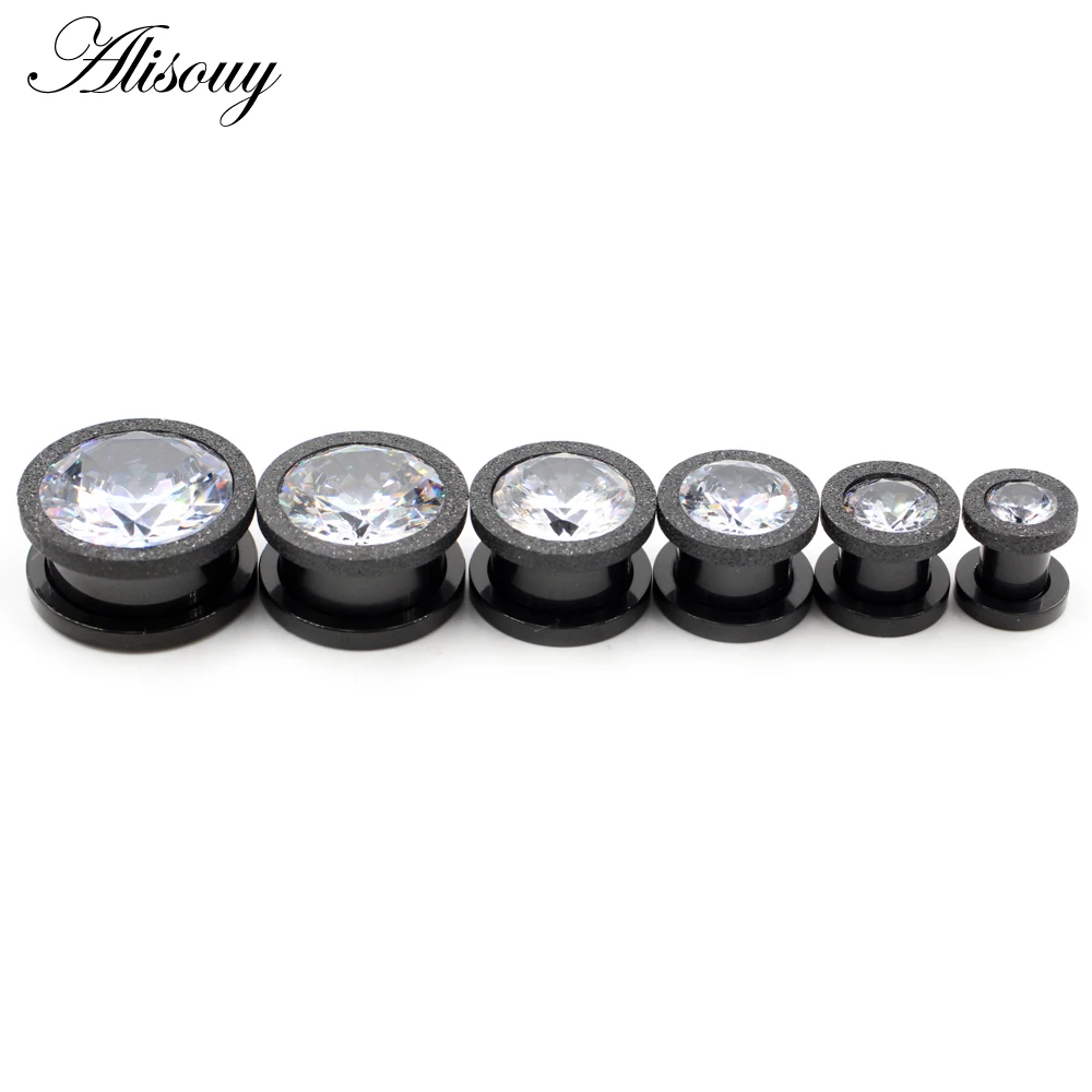 Alisouy 2pcs Stainless Steel Frosted Scrub Zirconia Crystal Ear Tunnels Plugs Expander Stretcher Gauges Body Piercing Jewelry
