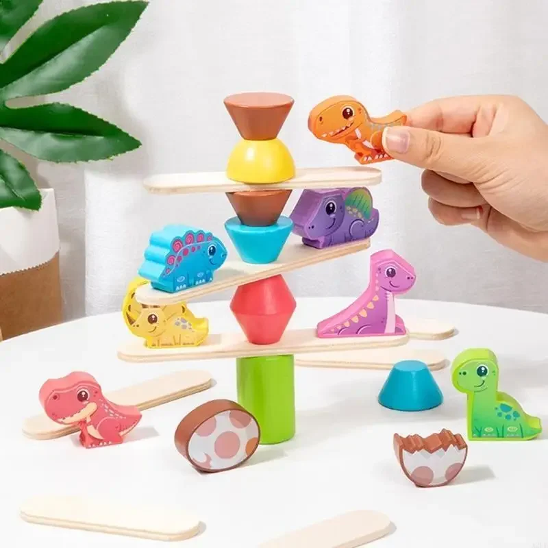 恐竜テーマのバランスブロックのおもちゃ幼児用木製バランスとスタッキングブロックボードゲーム完璧な幼児プレゼント 15UB