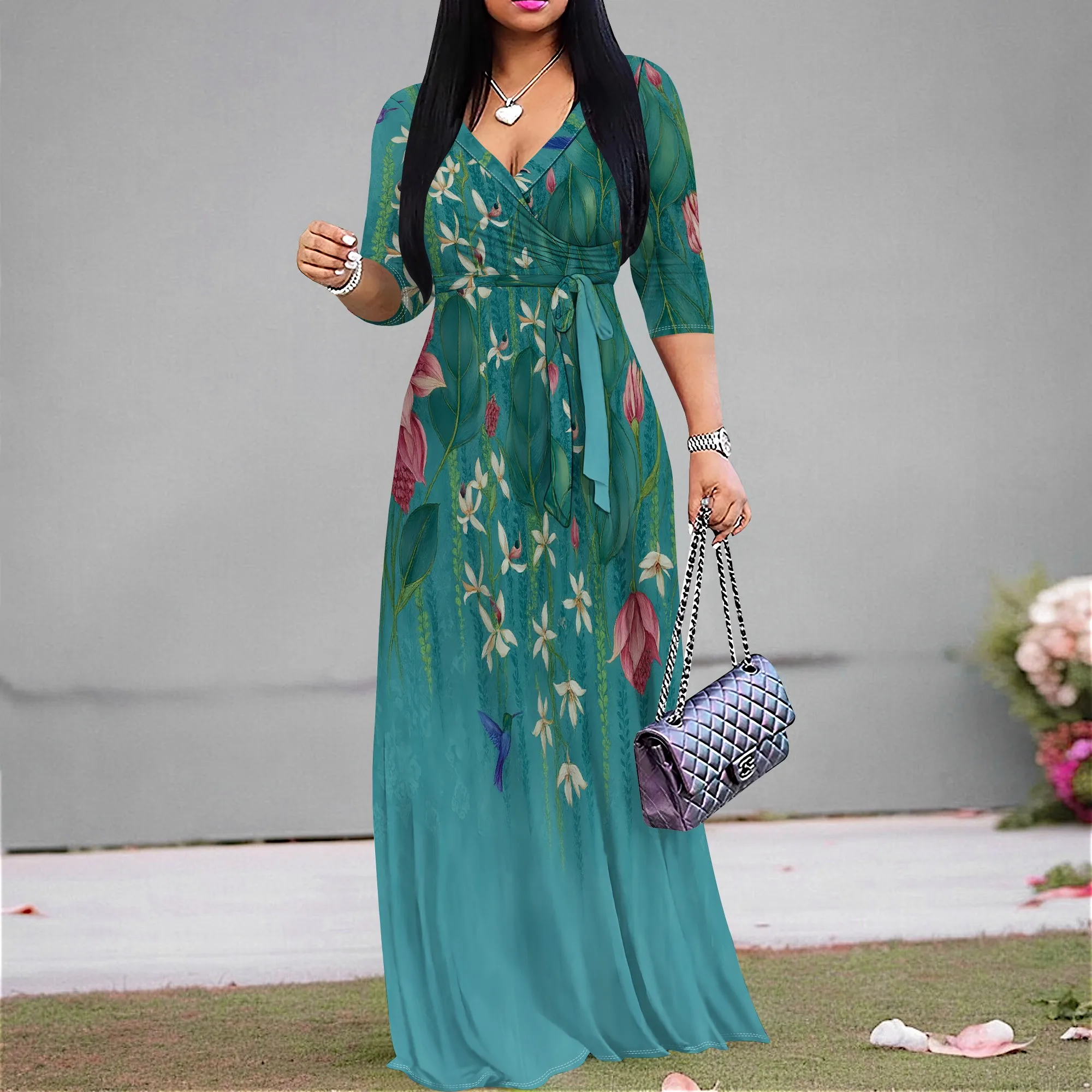 

Women's Bohemian Floral Print Maxi Dress V-Neck Wrap Tie Waist Summer Sundress with 3/4 Sleeve Casual Beach Vacation Long Dress