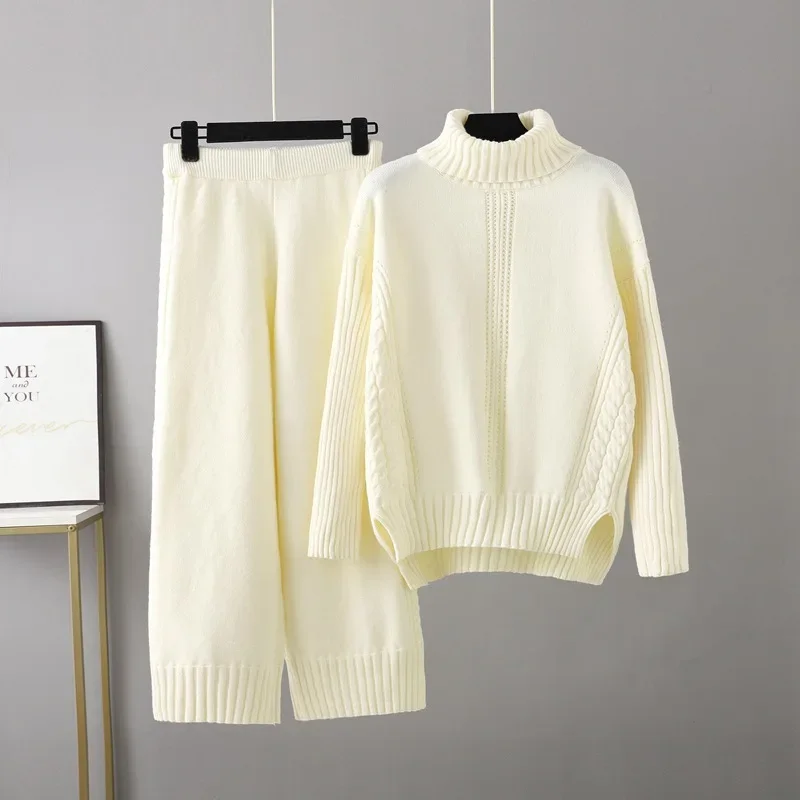 Damen 2-teiliges Set aus Rollkragenpullover und Mantel, Lässige Weite Hose mit Elastischem Bund, Herbst-Winter-Outfit – Detail 10