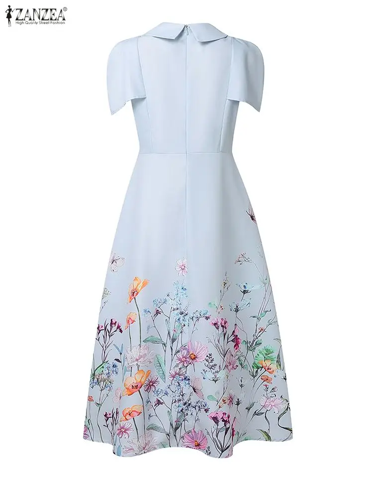 Sukienka ZANZEA 2025, stylowa, z nadrukiem, elegancka sukienka biurowa damska, z kołnierzykiem, rękawami z mankietami, midi, z talią, w kształcie litery A, sukienka na imprezę, letnia sukienka.