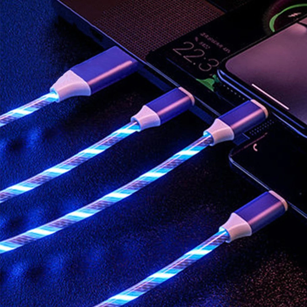 3 in 1 Glowing Cable LED light Micro USB Type C Fast Charging Cable for Samsung iPhone Xiaomi Flowing Streamer Type-C Cable