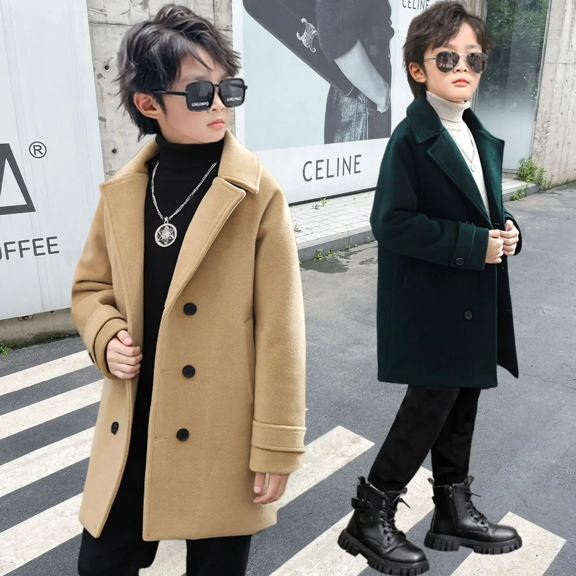 

Kids Winter Green Khaki Wool Coat Boys Girl Windproof Outdoor Long Jacket Children Fromal Birthday Party Photography Woolen Coat