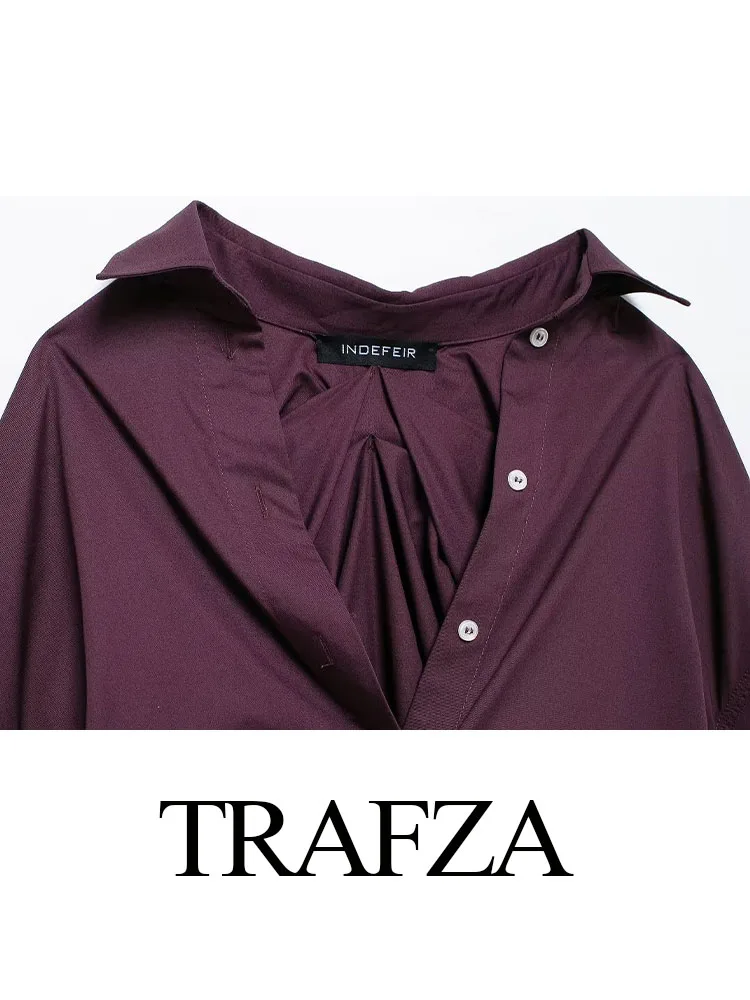 TRAFZA Autumn Women Elegant Loose Blouse Solid Turn-Down Collar Long Sleeves Single Breasted Female Chic Back Fold Shirts Mujer