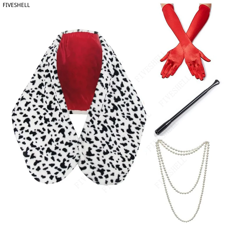 Women Cruella Deville Costume Accessories Spotted Dog Leopard Print Scarf 1920s Gloves and Holder for Cosplay Halloween Party