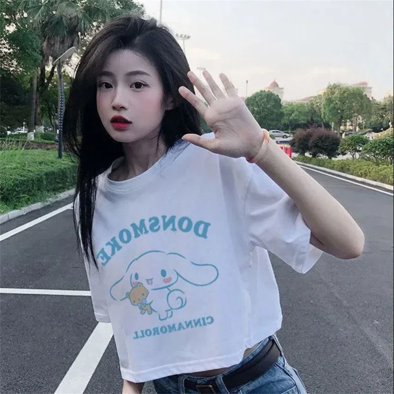 Cinnamoroll Kawaii Cartoon Crop T Shirt Girls Y2K Sanrio Cartoon Summer T-shirt Harajuku Ullzang 90s Tshirt Summer Top Tee Women