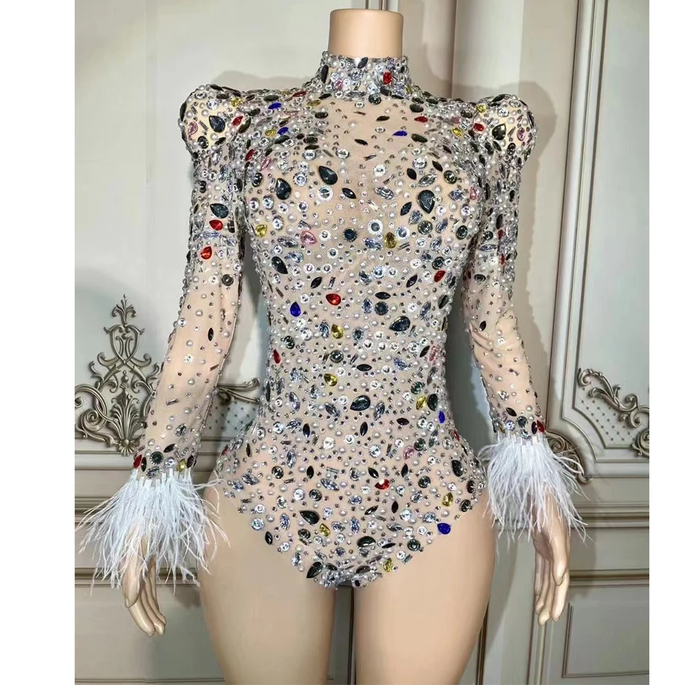 Robe longue en dentelle transparente personnalisée avec paillettes, combinaison serrée, cristal de plumes, haute élasticité, fête d'anniversaire, performance, nouveau