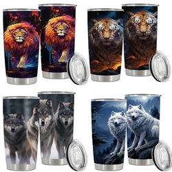 1pc 20oz Stainless Steel Tumbler Cup with Lid, Double Wall Vacuum Insulated Travel Coffee Mug, Lion Design, Reusable, Hand Wash