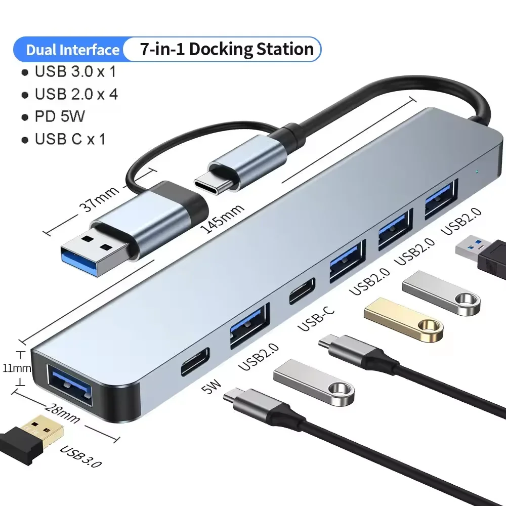 

Адаптер-концентратор 7 в 1 USB C для MacBook с 4 портами USB 1 порт зарядки USB C PD Устройство чтения карт SD TF и разъемом аудиовывода 3 5 мм