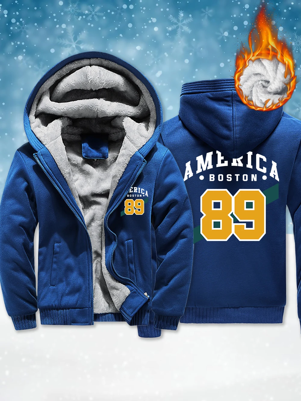 

America Boston 89 Printed Men Thicken Jackets Winter Windproof Zipper Outerwear Thermal Fleece Warm Coats Casual Male Clothes