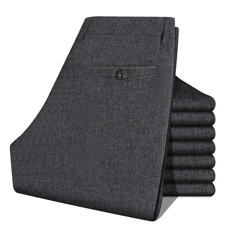 Calças Masculinas de Linho Texturizado, Corte Reto, Comprimento Total, Casual de Negócios, Com Botão Único e Zíper, Resistentes a Rugas, Para Escritório