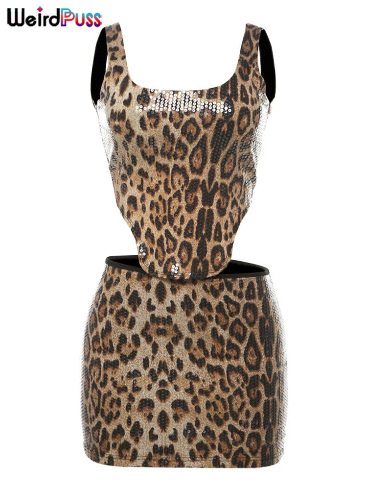 Weird Puss Sexy Wild 2 Piece Set Women 2024 Summer Trend Leopard Print Backless Crop Top+Skinny Mini Skirts Street Matching Suit