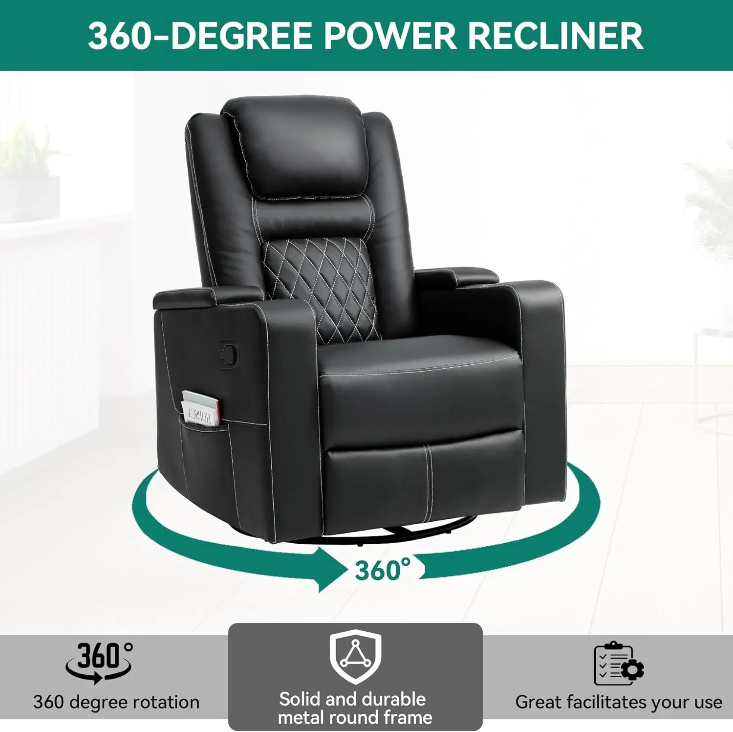 Rocking Recliner with Massage and Heat, Hidden Arm Storage, Faux Leather Rocker Recliner Chairs with Cup Holders, Comfy Home The