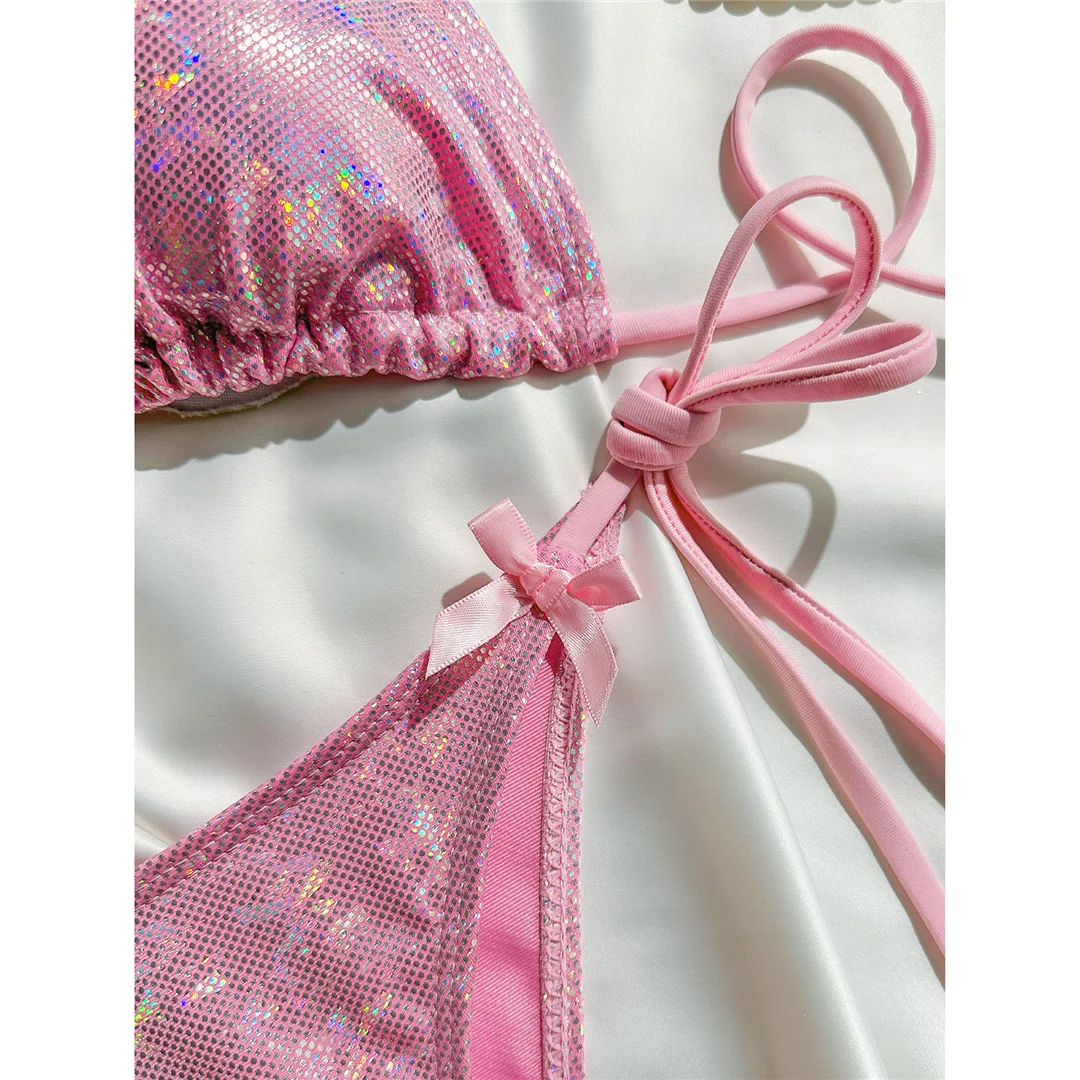 Glitzernder, funkelnder Neckholder-Bikini, Damen-Badebekleidung, zweiteiliger Bikini-Set, Badeanzug mit hohem Beinausschnitt, Badeanzug, Schwimmanzug V7269 – Detail 9