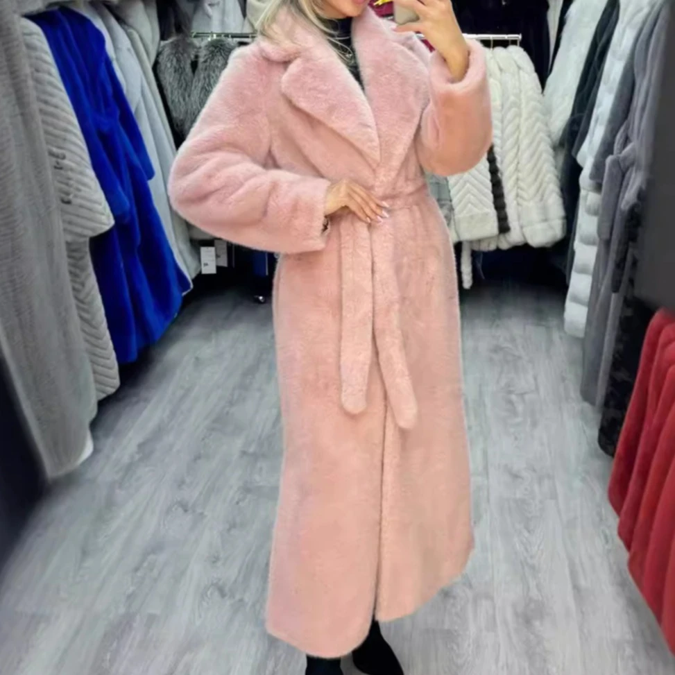 

Faux Rabbbit Fur Coats Women Long Fur Jackets Solid Lace Up Turn Down Collar Long Sleeves Thick Loose Casual 2025 Autumn Winter