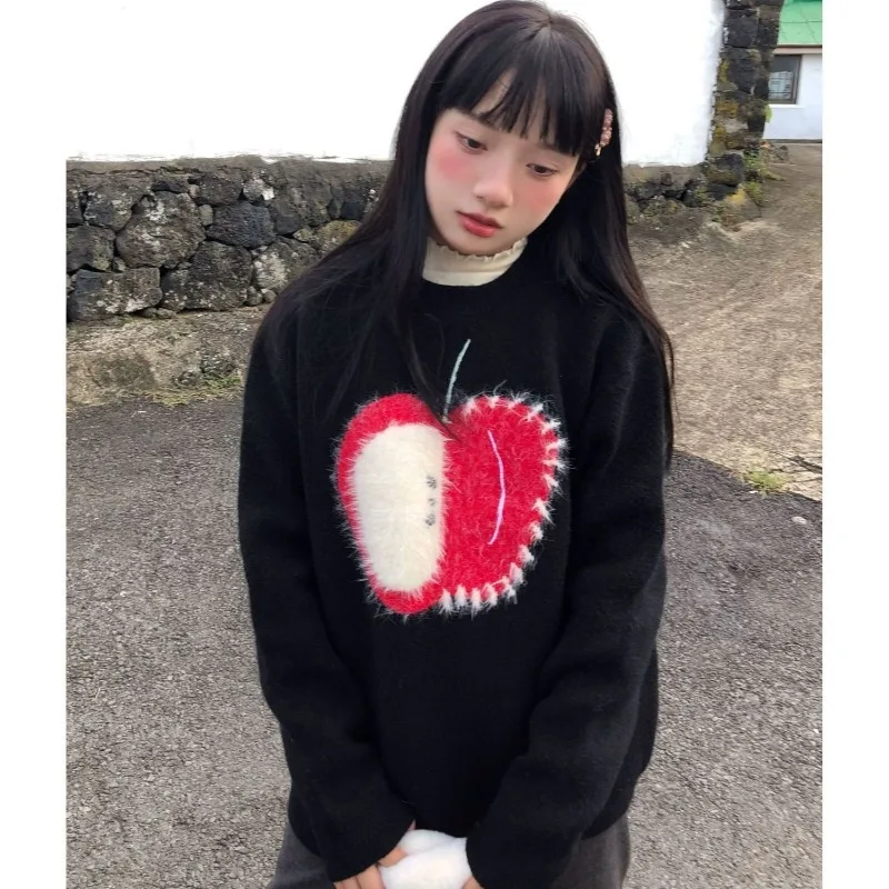O-hals Fruit Geborduurde Losse Zwarte Lange Mouwen Trui Vrouwen 2025, Herfst Nieuwe High Street Fashion All-Match Gebreide tops