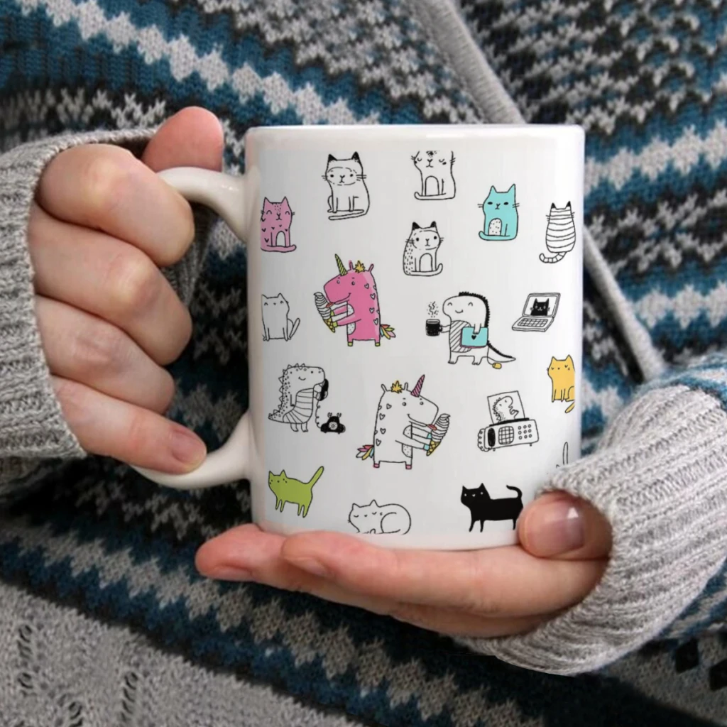 

Cats. Dinosaurs. Unicorn. Sticker set.Coffee Mug Tea Cup 11oz Coffee Cup Funny Birthday Ceramic Mug Personalized Cup