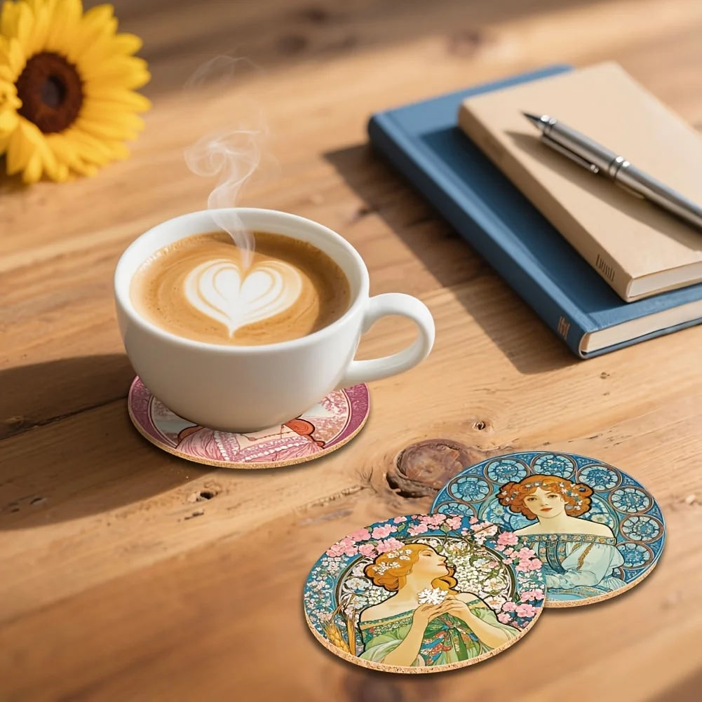 9pcs Vintage Fashionable Ladies Image Coasters Set Wooden Heat-Insulating Table Decoration for Parties And Family Gatherings
