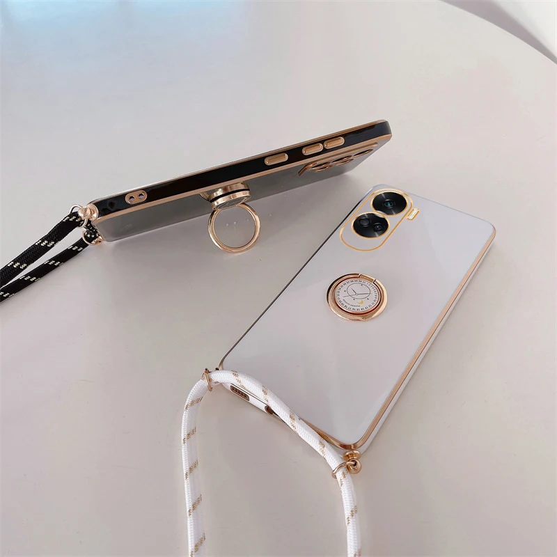 Honor90 Honor70 Honor50 Luxury Plating Ring Holder Crossbody Lanyard Case For Huawei Honor 90 70 50 Lite Cord Strap Cover 90lite