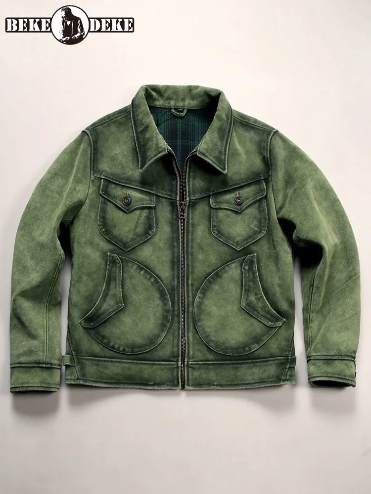 Leisure Style Lapel Solid Color Genuine Leather Jacket Male Handmade Slim Cow Suede Long Sleeves Zipper Pocket Short Outerwear