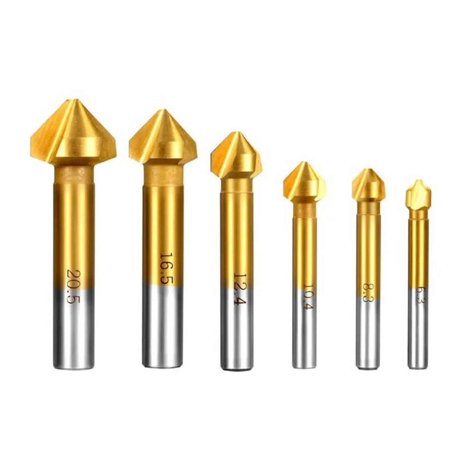 

6pcs Three-blade Chamfering Drills, 90 Degree High Speed Steel Chamfer Cutting Drill BitsTitanium Plated Hole Opener, Gold