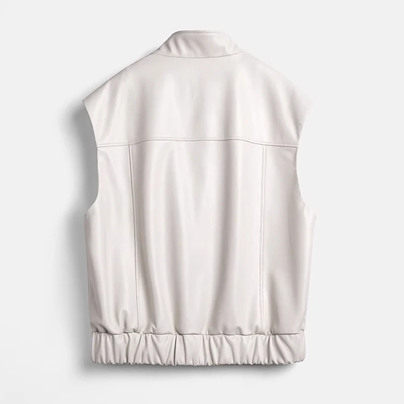 High End White Leather Vest Spring Autumn Women Sheepskin Mandarin Collar Tooling Pocket Loose Casual Sleeveless Jacket Chalecos