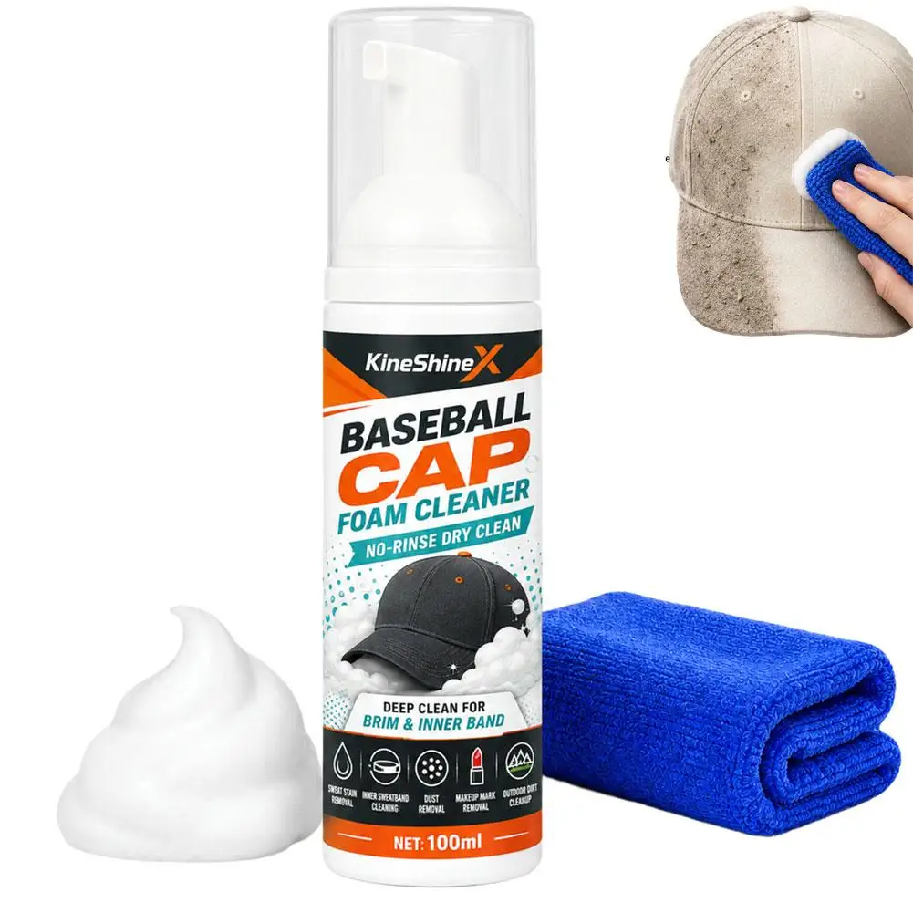 100ml No-Rinse Baseball Cap Foam Cleaner, Deep Clean Cap Foam Cleaner Spray for Brim& Inner Band, Waterless Deep Cleaning Foams