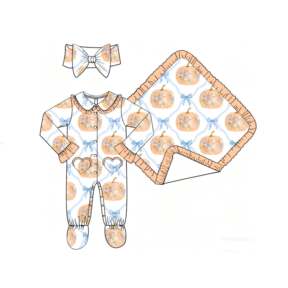 Boutique Girls' Blanket and Romper Lapel Ruffle Buttons Love Pocket Binding Feet Thanksgiving Day Pumpkin Print Custom Patterns