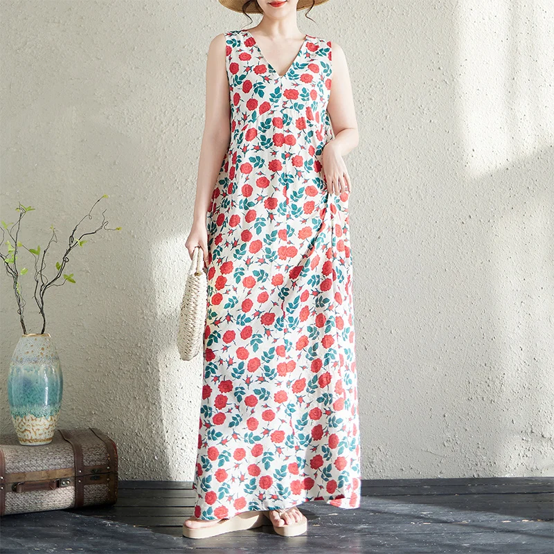 

Summer New Design Minimalist V-neck Sleeveless Long Dress Women's Fashion Slimming Dress Artistic Style Loose Fit Citywalk