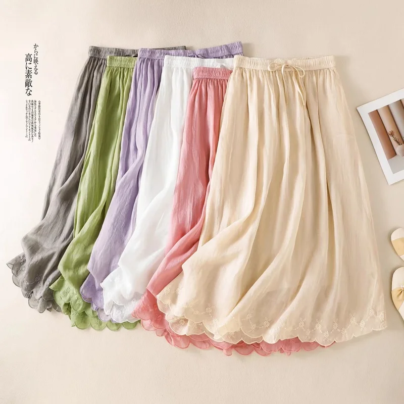 Women's Elegant Summer Skirt Boho Flowy Skirt with Embroidery, Double Layer Chiffon Long Skirt for Beach Vacation (W2159)