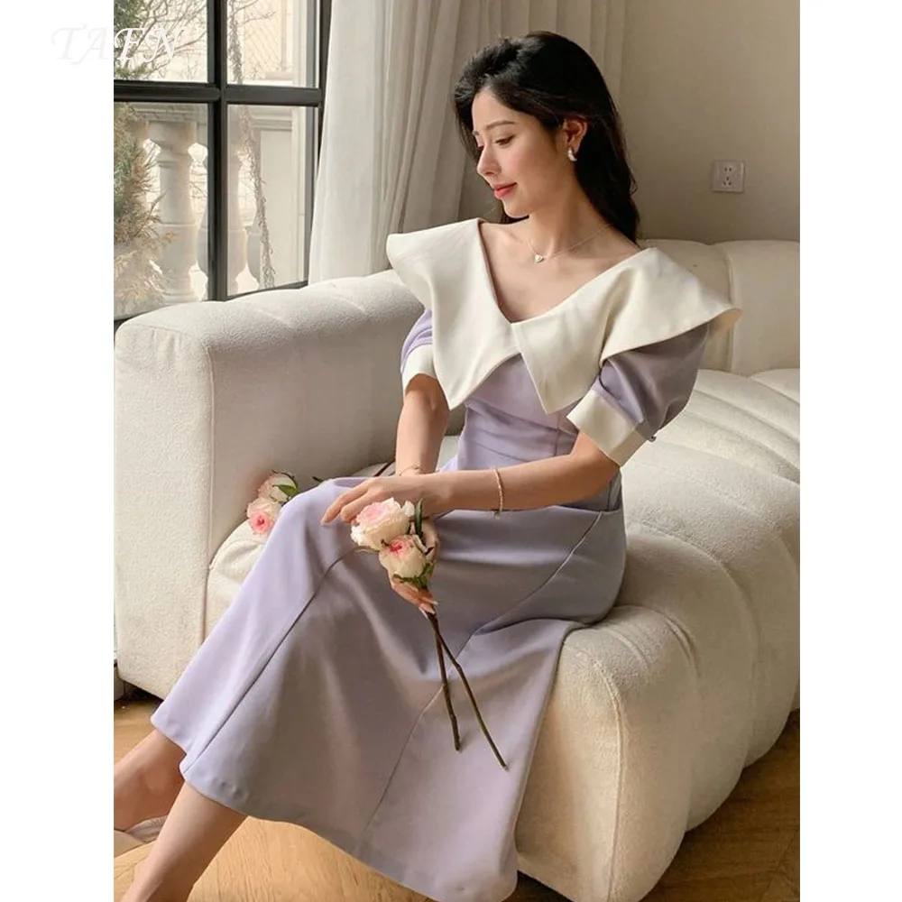 

TAFN Lavender French Evening Dresses A-line Gentle Prom Gown Elegant V-Neck Short Sleeves robe de soirée Photo Shoot Temperament