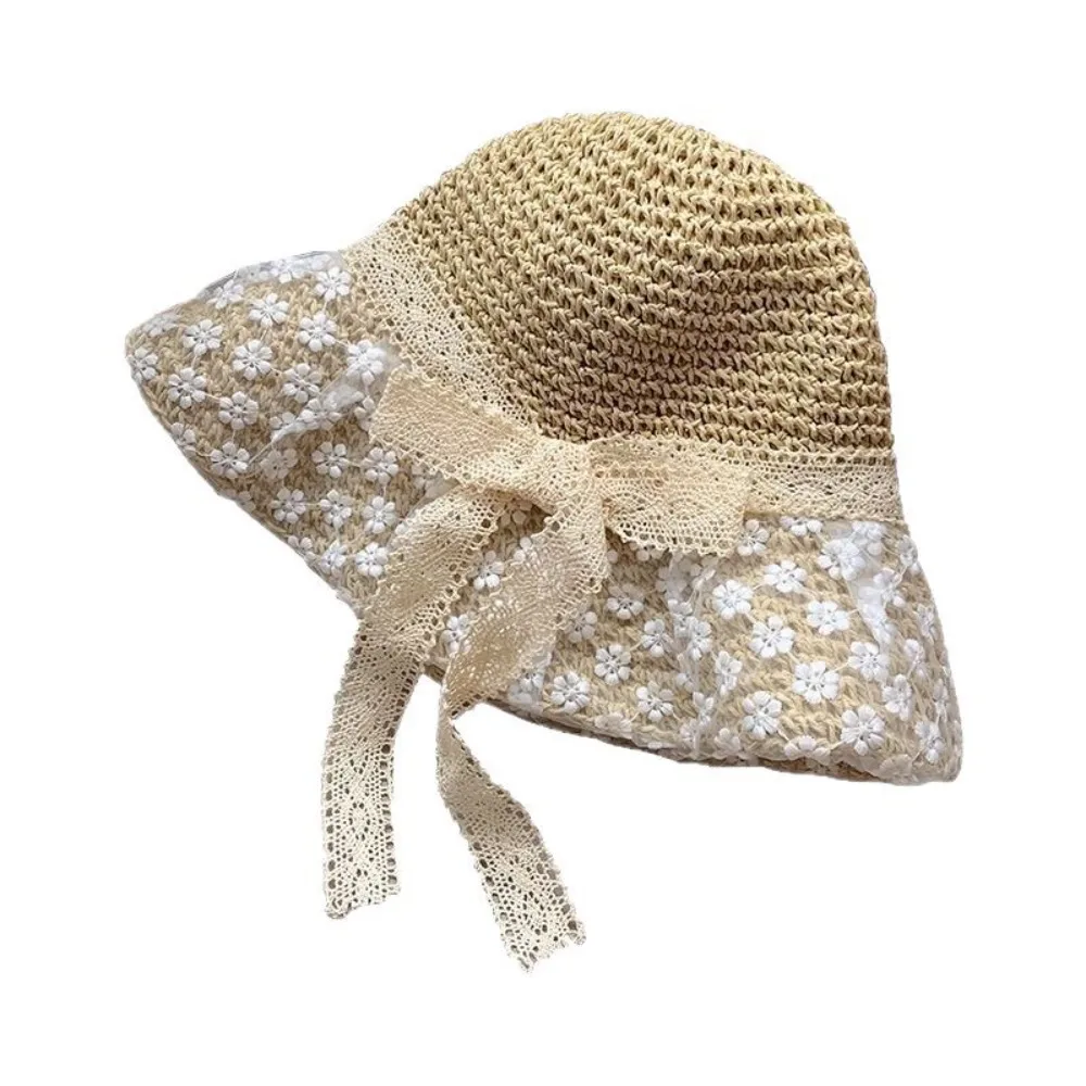 

Summer Breathable Flower Sun Hat Large Brim Elegant Woman's Straw Hat Sweet Anti UV Lace Bowknot Sunshade Cap Beach