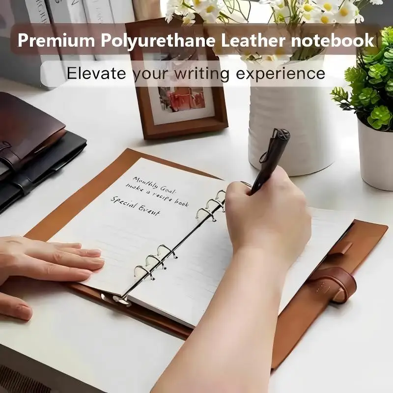 Cuaderno planificador recargable A5/A6, cuaderno de piel sintética con 6 anillas, con ranuras para tarjetas, bolsillo, 80 hojas/160 páginas de papel rayado