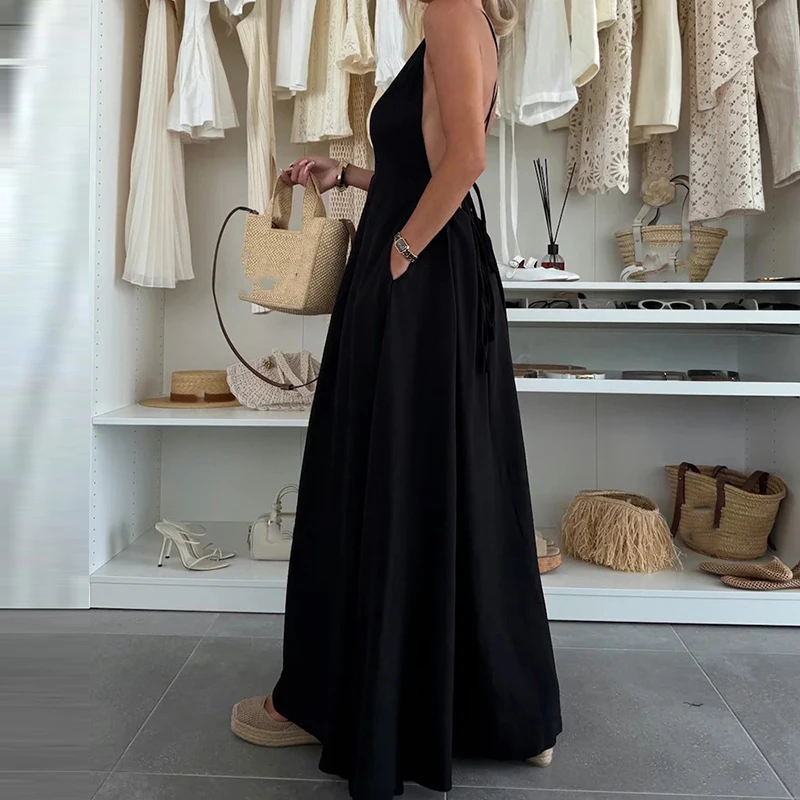 Modna Sukienka Maxi z Wysokim Stanem, Dekoltem w Serek, Plisami, Długa, Elegancka Sukienka Damska Bez Pleców z Wycięciami na Imprezę 2025, Seksowna, Miękka, Jednolita Sukienka Plażowa Maxi