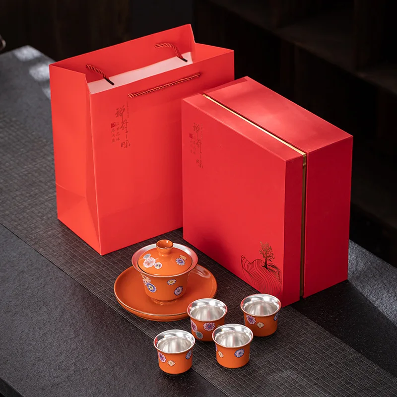 Exquisite Kung Fu Tea Set Small Wholesale Ceramic Pure Silver Three Talents Covered Bowl999Pure Silver Handy Small Gift